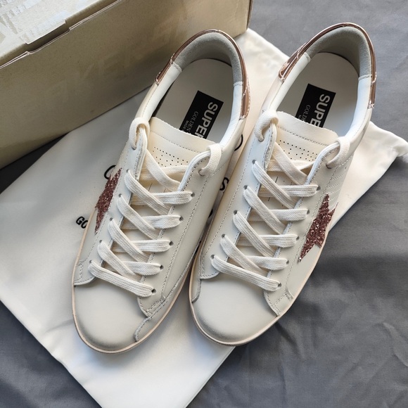 Golden Goose Shoes - Golden Goose White Leather Sneakers with Rose Gold Glitter Star Detail
